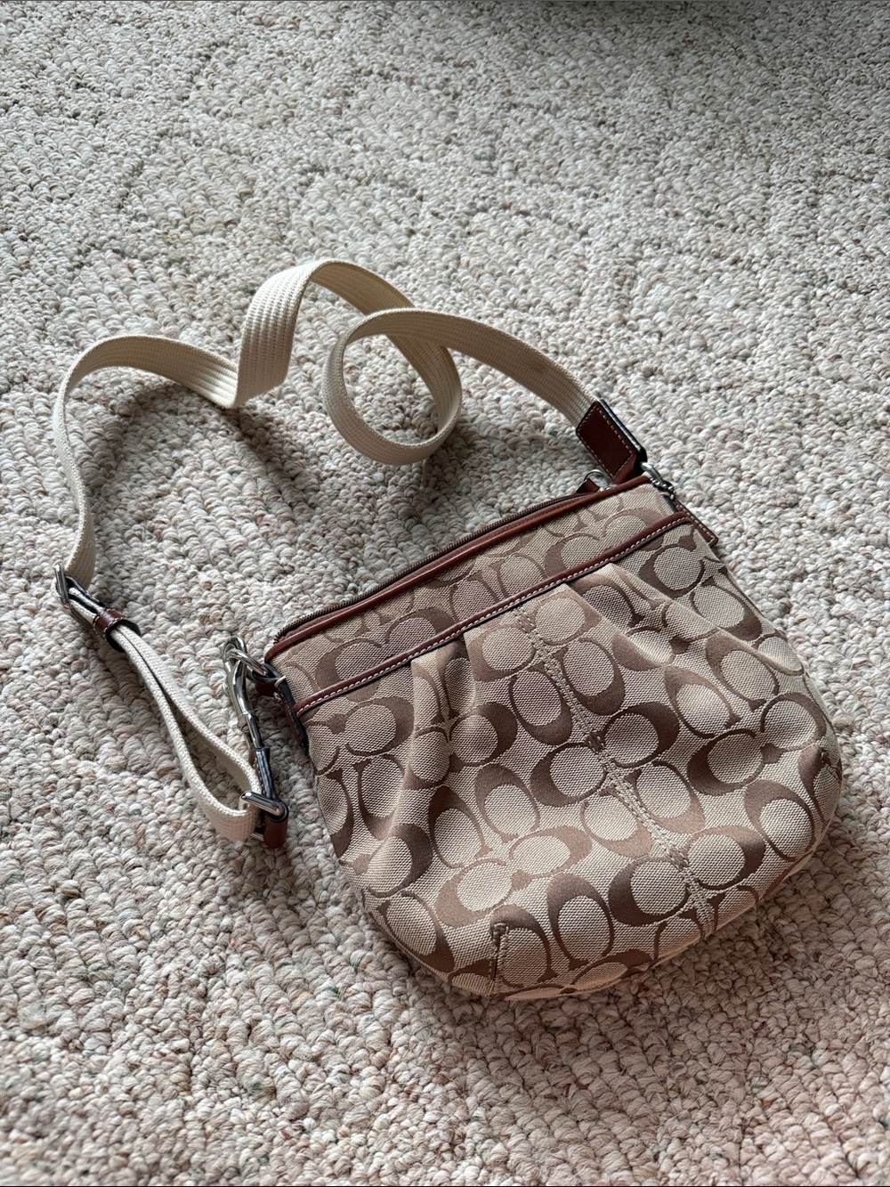 Coach Tan Signature Canvas Crossbody Bag with Ivory Strap